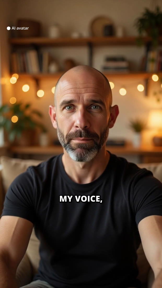 A finished vertical ad frame: an AI avatar presenter mid-sentence, labeled AI avatar, with the caption MY VOICE burned in