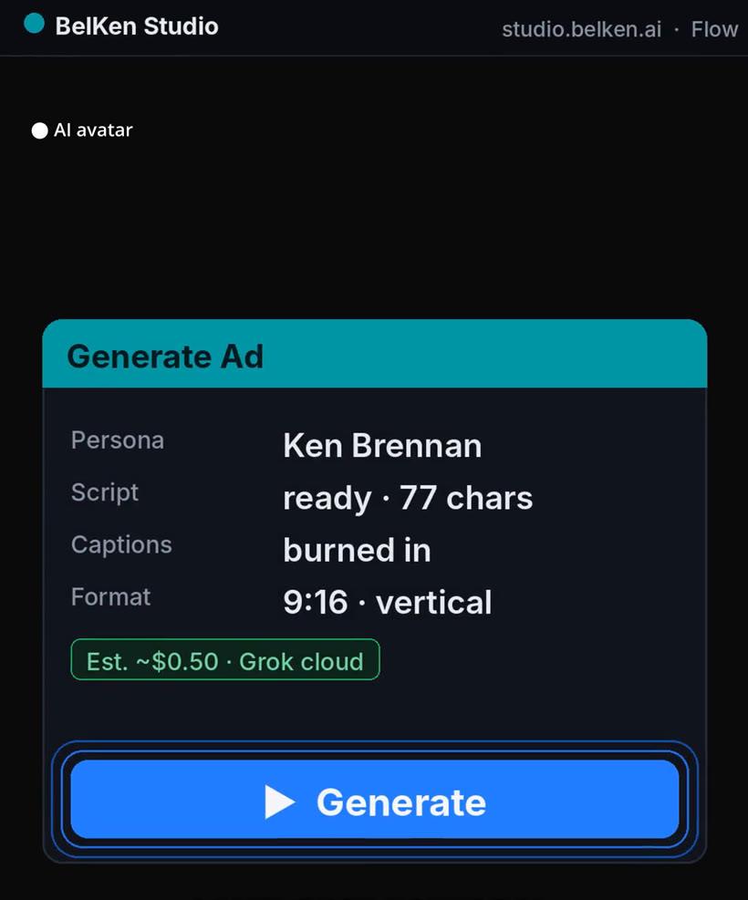 Studio generate card showing persona, script ready, captions burned in, and a Generate button